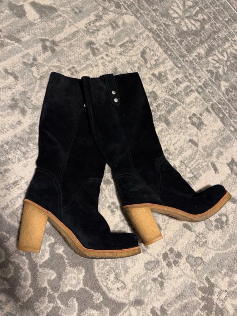 UGG Black Suede Mid-Calf Chunky Heel Boots